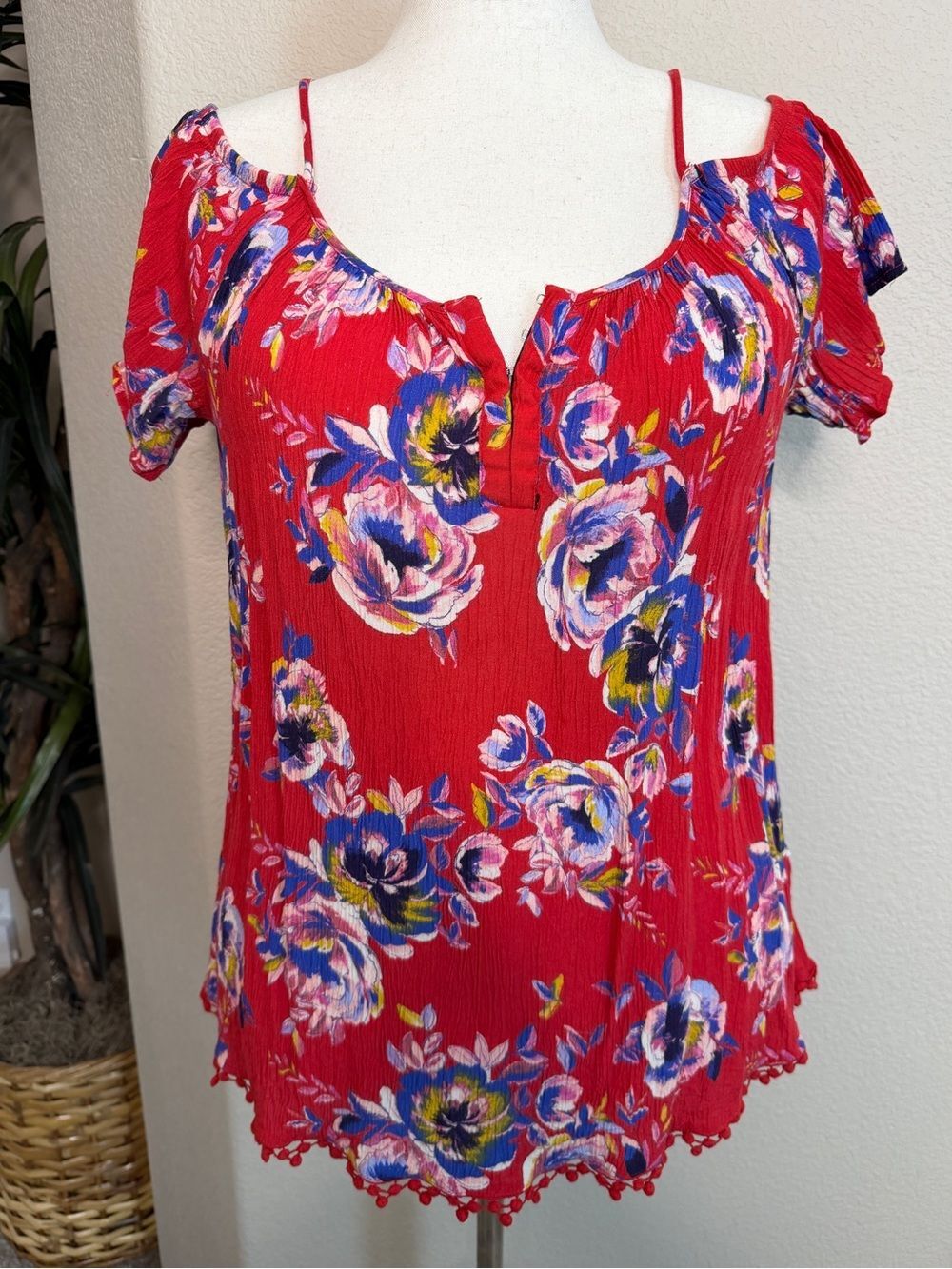 Floral Cold-Shoulder Tunic in Red
